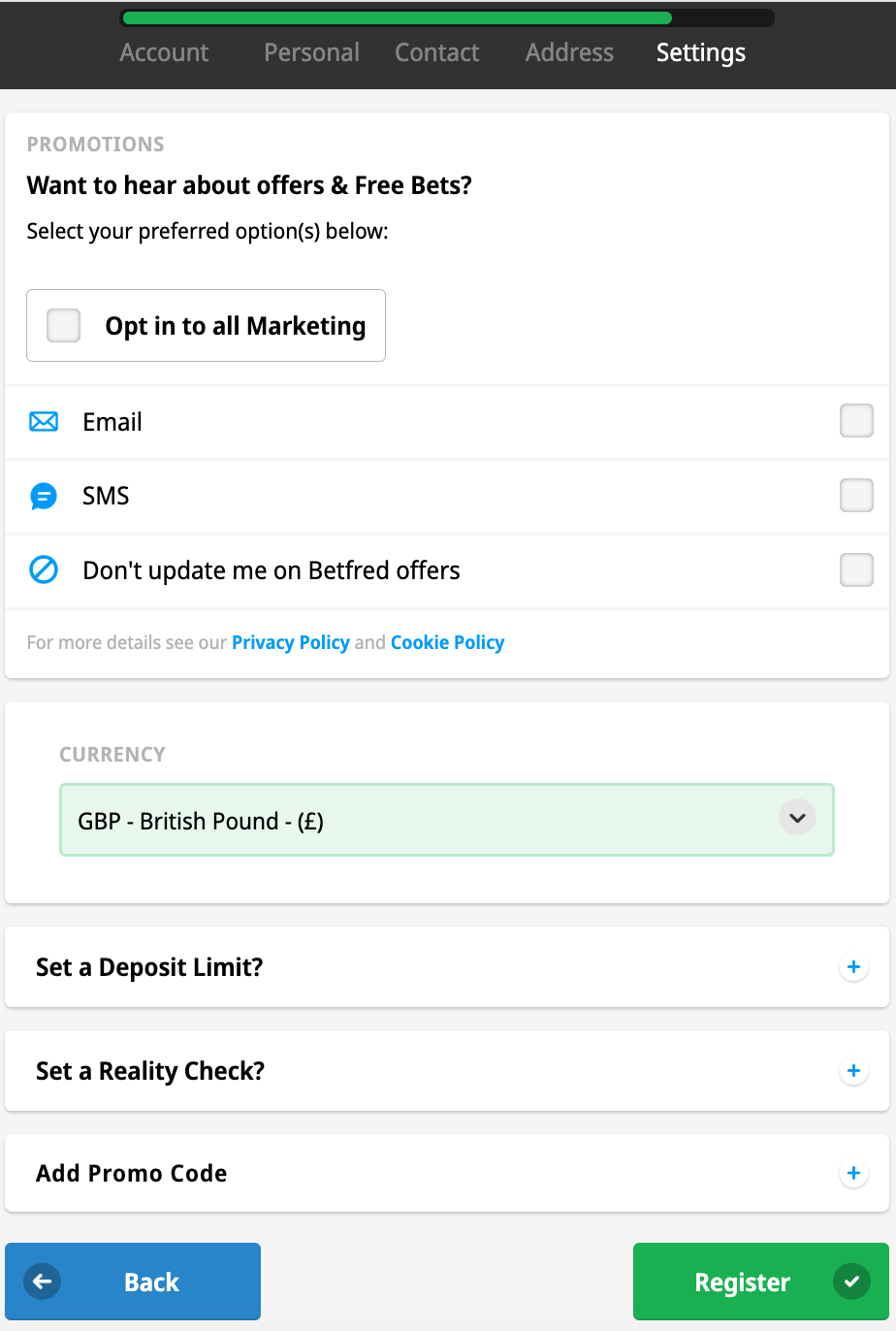 Final page of the registration process, with marketing options, currency and safer gambling options